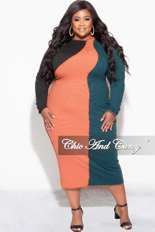 Women's party topsFinal Sale Plus Size Ribbed BodyCon Colorblock Midi Dress with Outer Seams in Green and Orange