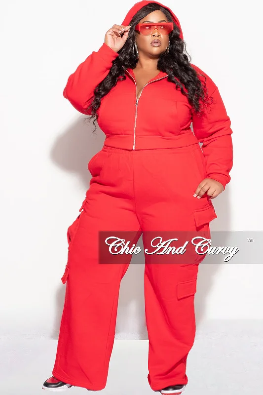 Plus size women's off-the-shoulder topsFinal Sale Plus Size 2pc Zip-Up Hooded Top and Cargo Sweatpants in Red