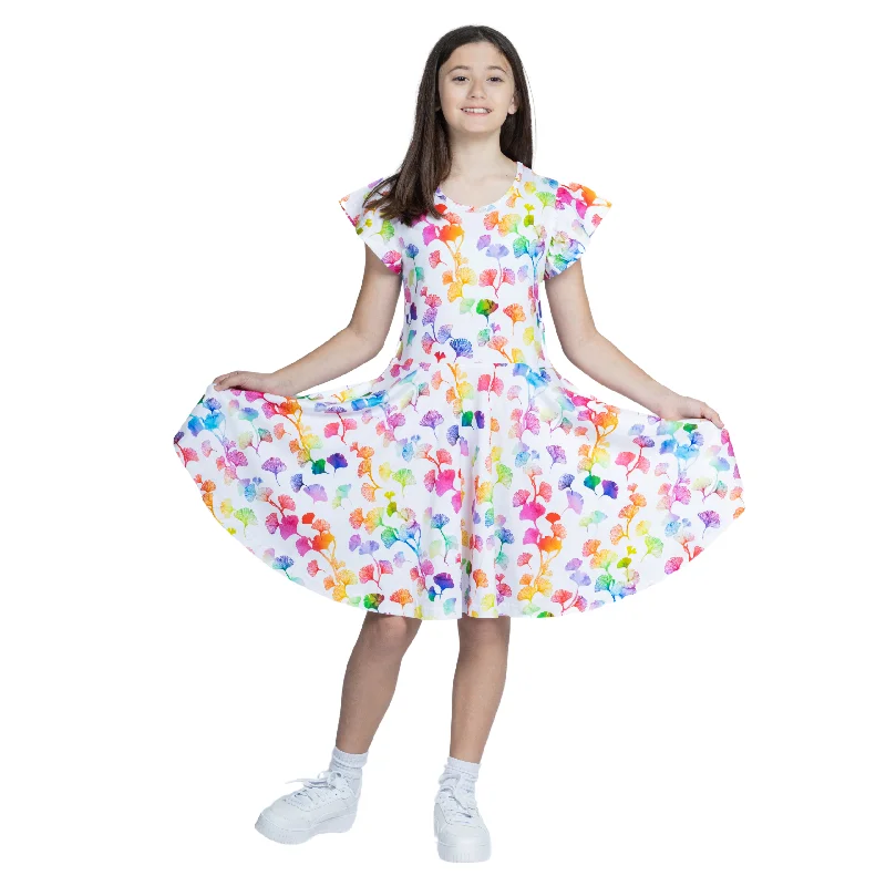 Rainbow Ginkgo Leaves Kids Twirl DressEdwardian Dress