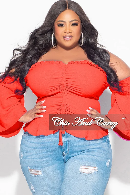 Large women's long topsFinal Sale Plus Size Off the Shoulder Frill Top with Middle Drawstring in Orange