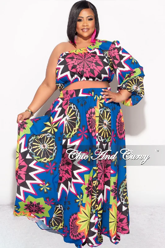 Large women's loose topsFinal Sale Plus Size One Shoulder  Dress with  Front Cutout and Royal Blue Multi Color