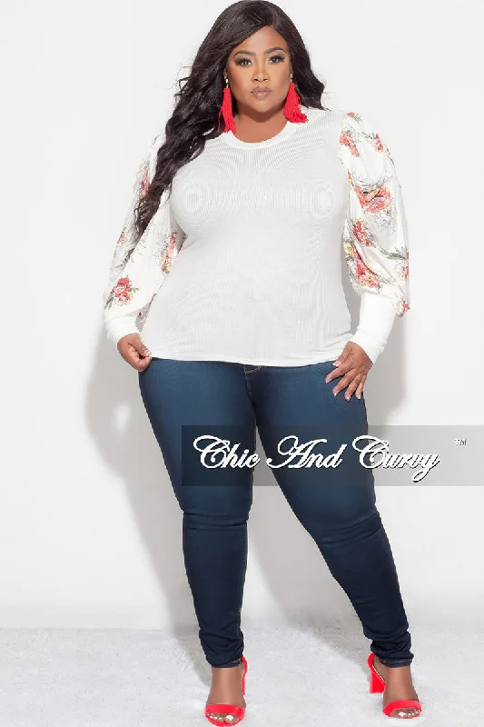 Women's short sleeve topsFinal Sale Plus Size Long Sleeve Ribbed Top with Puffy Sleeves in Off White Floral Print