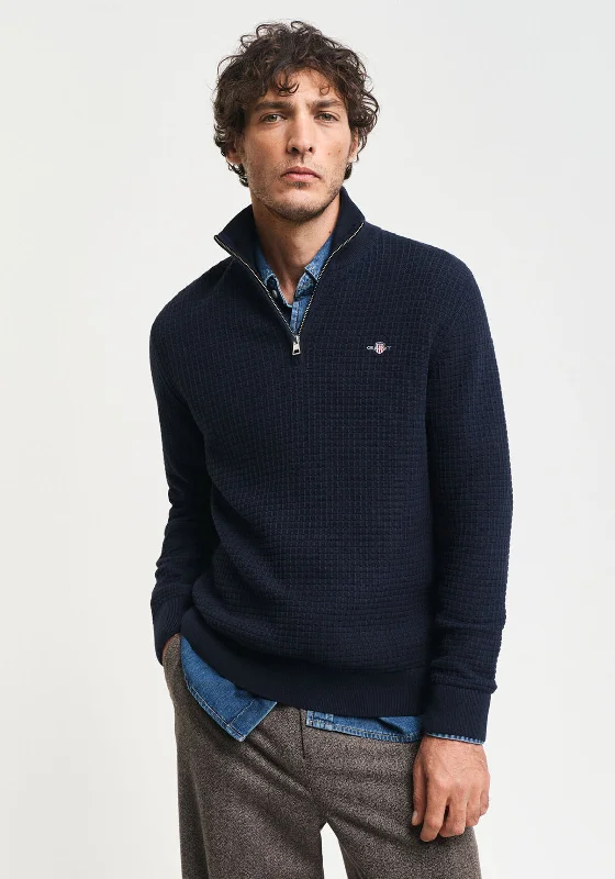 Gant Cotton Textured Half Zip Sweater, Evening BluePunk Knit Tops