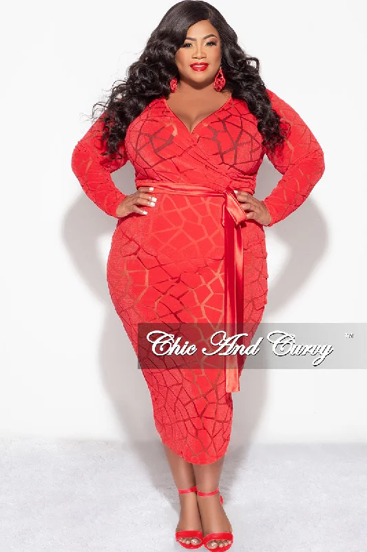 Large women's waterproof topsFinal Sale Plus Size Sheer Long Sleeve Faux Wrap BodyCon with Waist Tie and Back Slit in Red