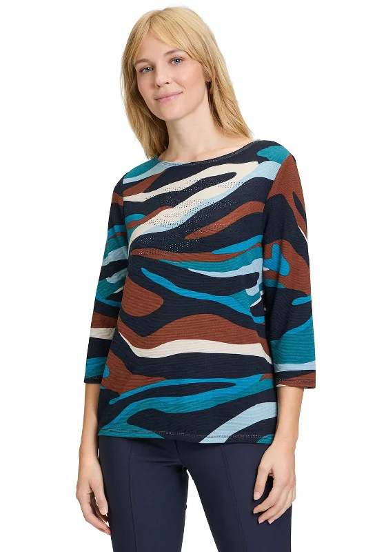 Betty Barclay Print Long Sleeve Sweater, BlueFrench Terry Knit Tops