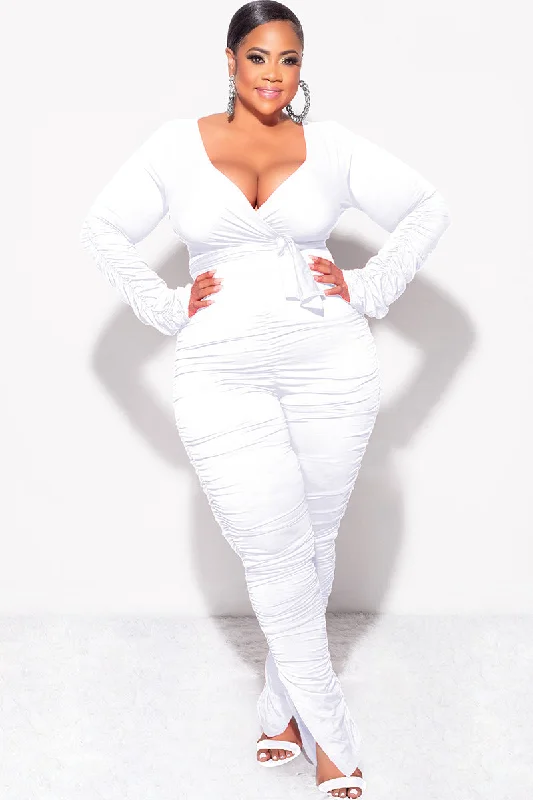 Women's party topsFinal Sale Plus Size Ruched 2pc Faux Wrap Tie Top and Pants in White