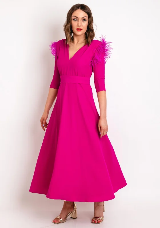 Role Mode Alena Feather Trim Shoulder Maxi Dress, FuchsiaParty Dress