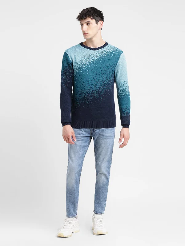 Men's Ombre Blue Crew Neck SweaterAngora Knit Tops