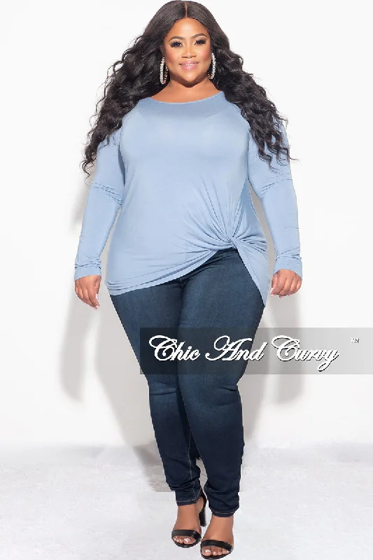 Large women's loose topsFinal Sale Plus Size Long Sleeve Top with Knotted Front in Ice Blue