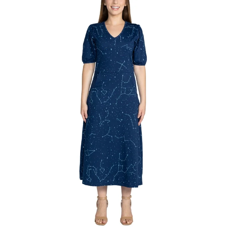 Constellations Glow-in-the-Dark Navy Long Midi Dress (With Waist Seam)Military Dress