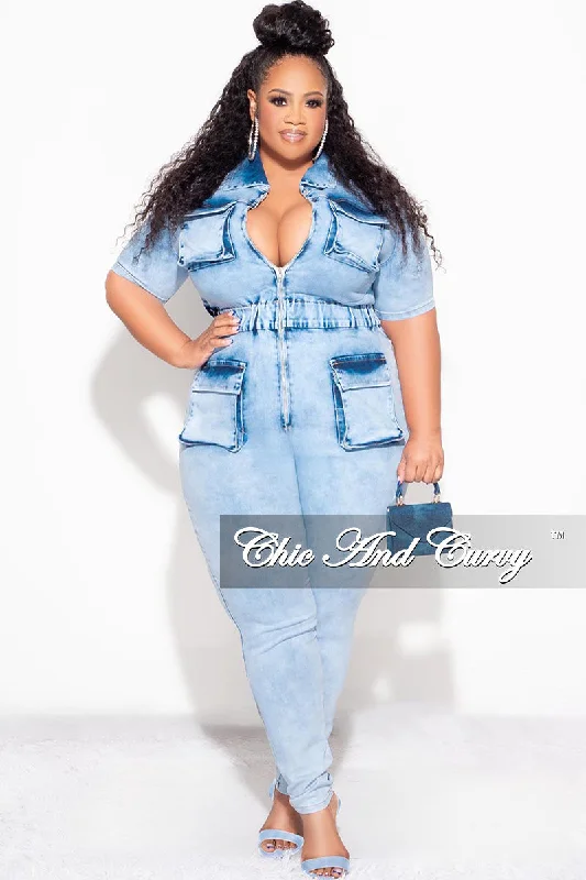 Knitted TeeFinal Sale Plus Size Zip up Jumpsuit in Blue Denim