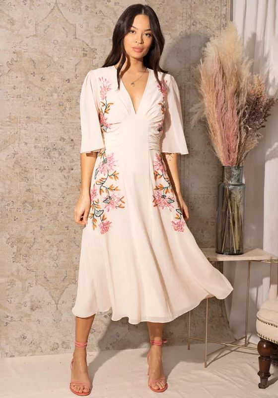 Hope & Ivy Lovisa Embroidered Flutter Sleeve Midi Dress, BlushSequin Dress