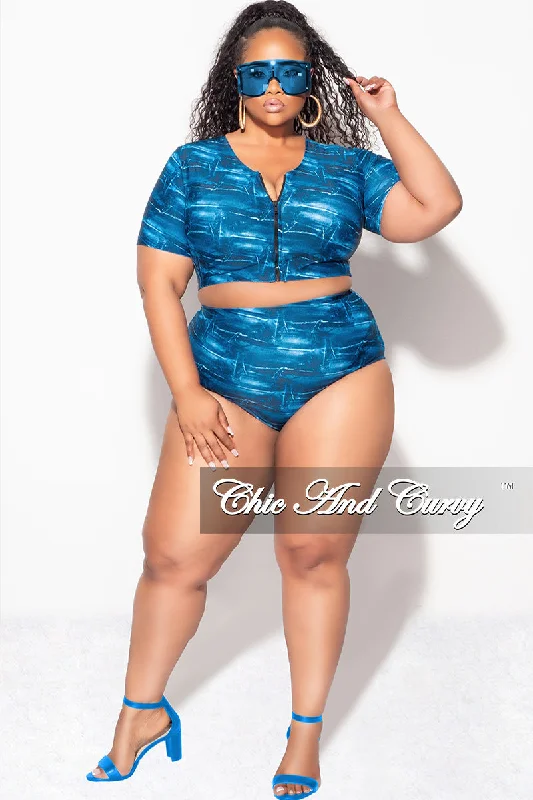 Large women's windproof topsExclusive Chic And Curvy - Final Sale Plus Size 2pc Swimwear in Faux Blue Denim Print