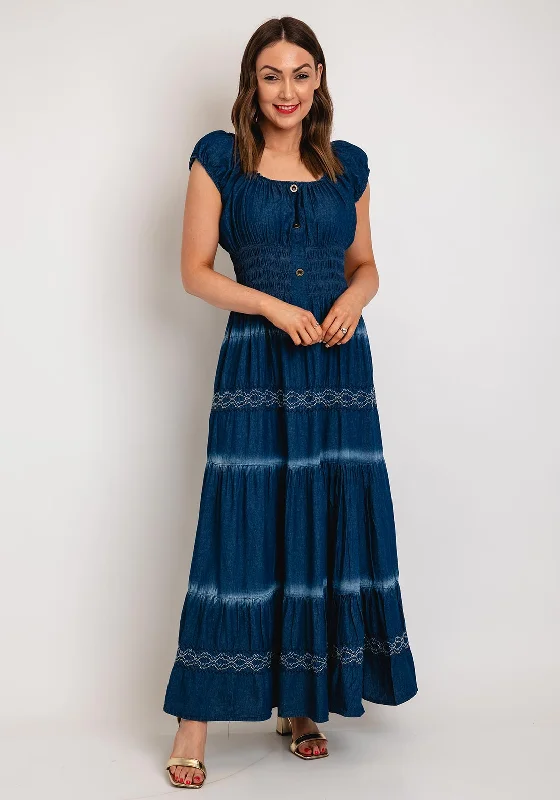 Serafina Collection One Size Shirred Waist Maxi Denim Dress, Dark DenimPrairie Dress