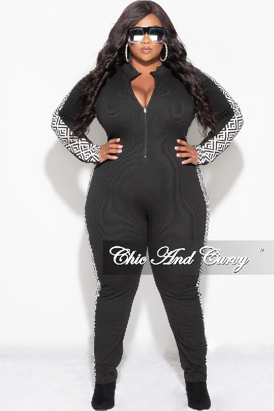 Women's wedding topsFinal Sale Plus Size Knit Rib Zip Up Jumpsuit in Black with White and Black Design Print