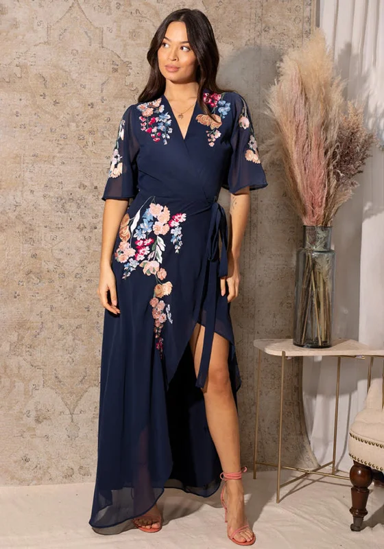 Hope & Ivy Gisela Embroidered Flutter Sleeve Maxi Wrap Dress, NavyEmbroidered Dress