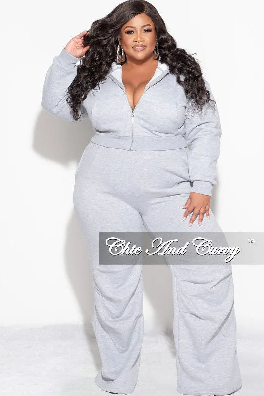 Plus size women's cotton topsFinal Sale Plus Size Plush 2pc Zip-Up Hooded Top and Wide Leg Pleated Lower Leg Sweatpants in Grey