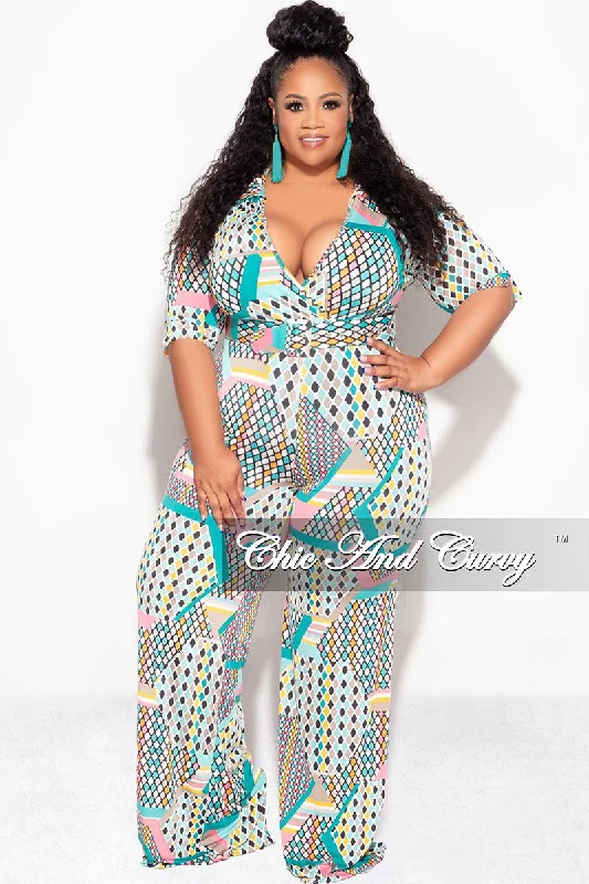 Knit TeeFinal Sale Plus Size Collar Faux Wrap Jumpsuit with Belt in Polka Dot Multi Color Print