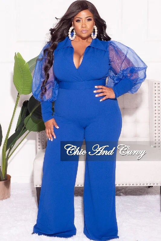 Knit TopFinal Sale Plus Size Faux Wrap Collar Jumpsuit with Sheer Sleeves in Royal Blue