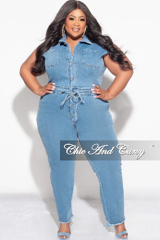 Women's party topsFinal Sale Plus Size Collar Button Up Jumpsuit in Denim