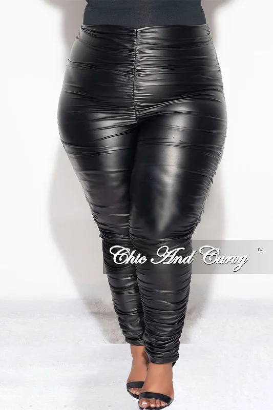 Large women's polyester topsFinal Sale Plus Size Faux Leather Ruched Legging Pants in Black