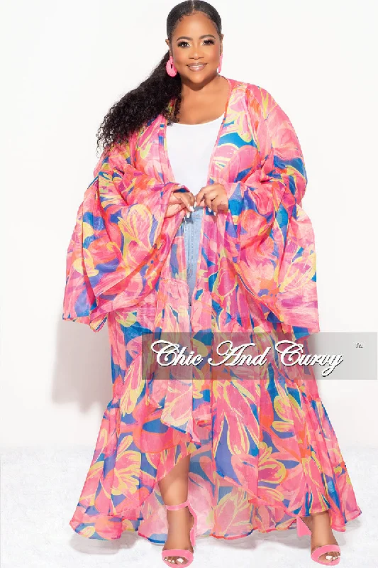 Large women's sweat-wicking topsFinal Sale Plus Size Ruffle Sleeve Kimono Duster in Pink and Royal Blue