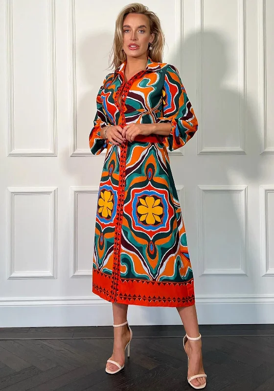 Girl In Mind Alison Abstract Print Midi Shirt Dress, OrangeFleece-lined Dress