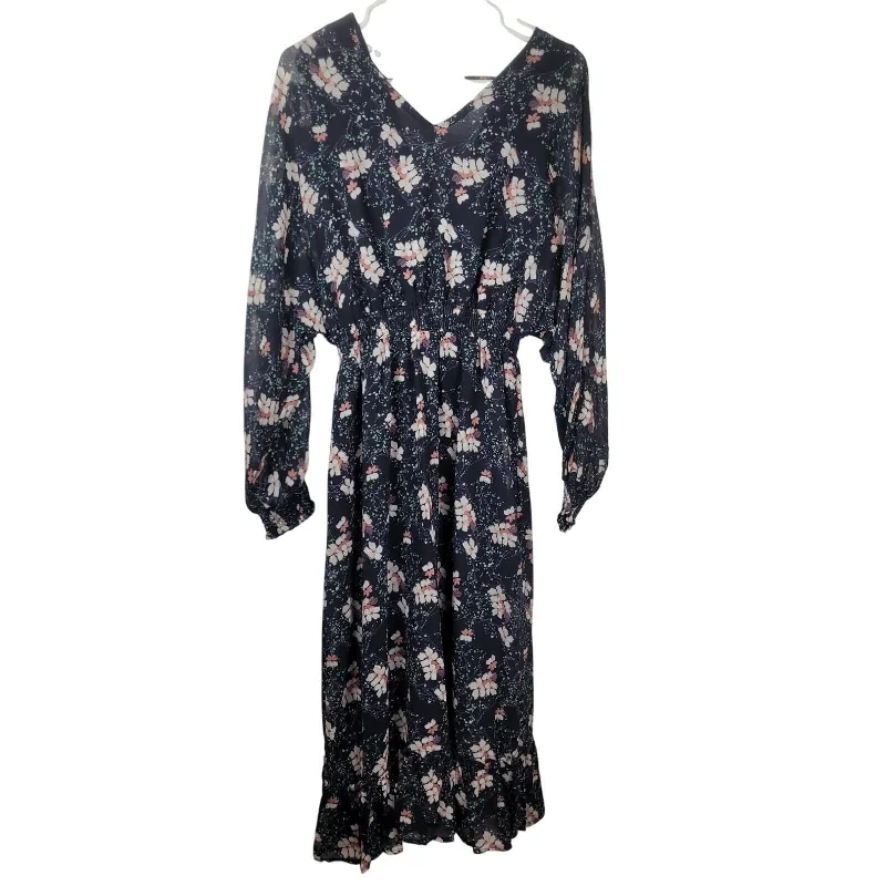 Hayden Los Angeles Women's Blue Floral Print V Neck Smock Waist Maxi Dress Sz SGeometric Dress