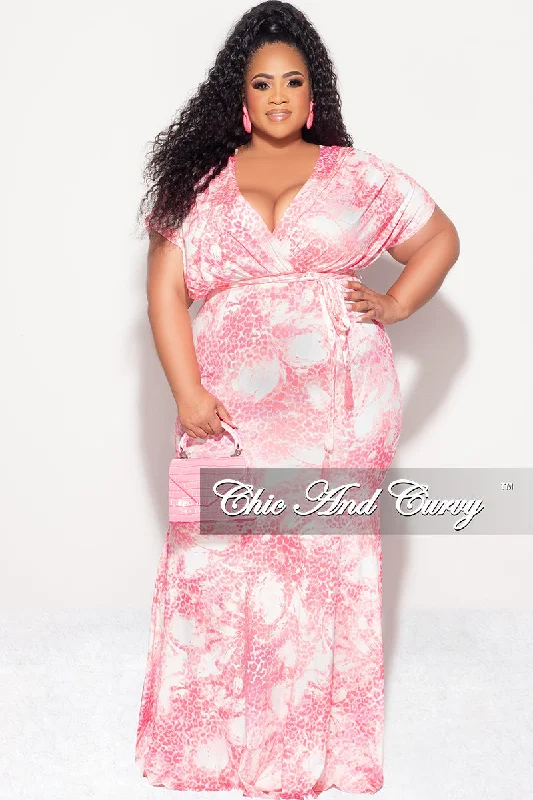 Plus size women's work topsFinal Sale Plus Size Faux Wrap Dress with Attached Tie in Pink Animal Print