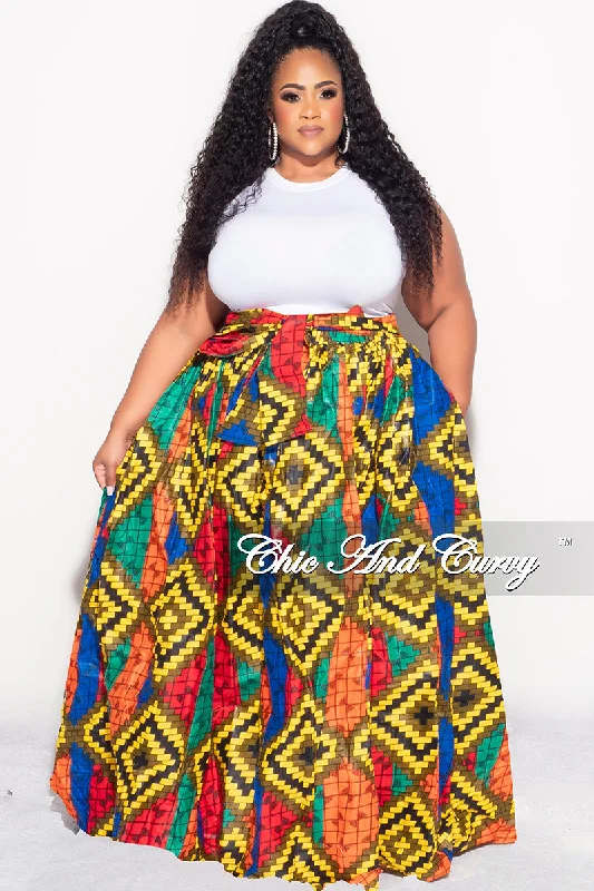 Plus size women's ruffle topsFinal Sale Plus Size High Waist Maxi Skirt with Tie in Multi Color Checker Deign Print