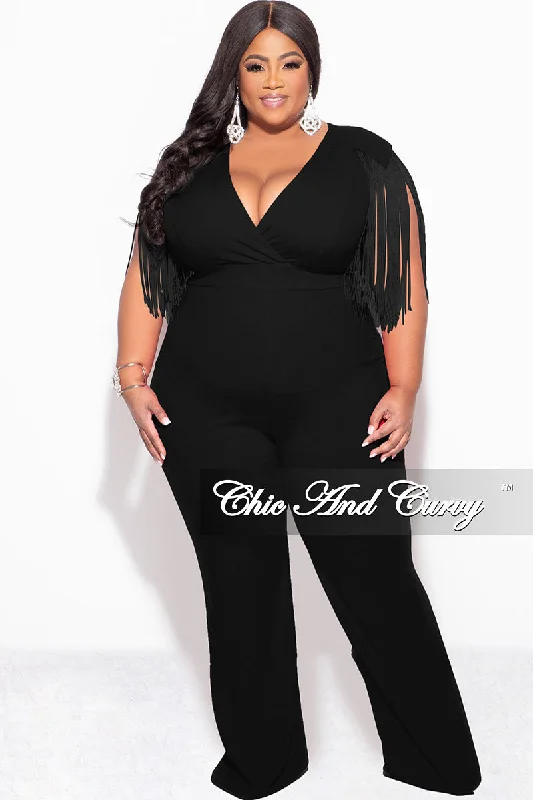 Women's long sleeve topsFinal Sale Plus Size Fringe Shoulder Faux Wrap Jumpsuit Black