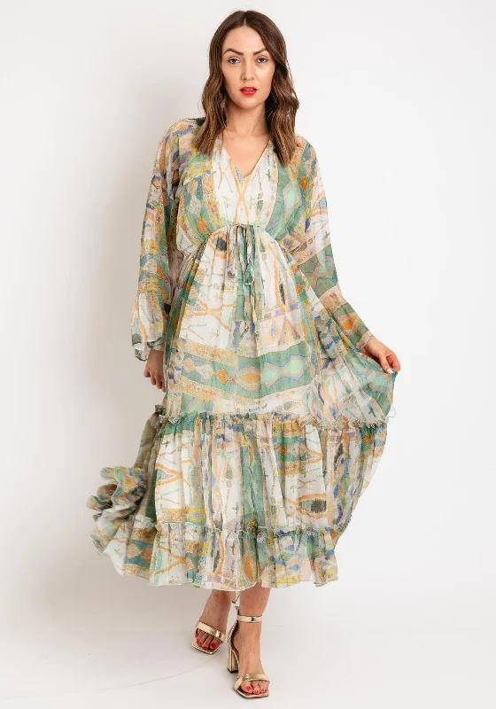 Goa Goa Kemper Tiered Midi Print Dress, GreenLong-sleeve Dress