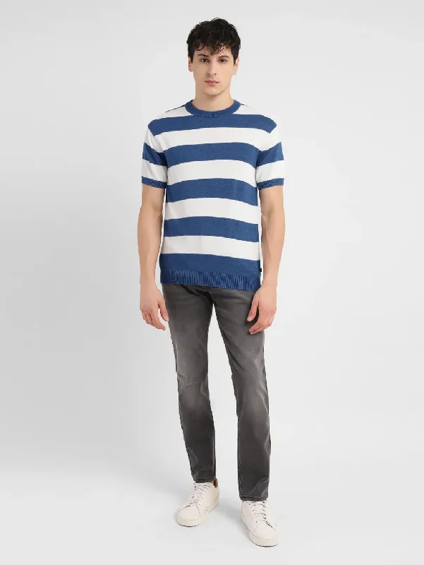 Men's Striped Blue Crew Neck SweaterLongline Knit Tops