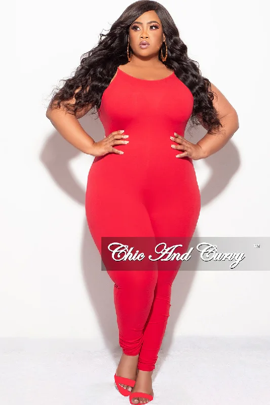 Knitted Final Sale Plus Size Spaghetti Strap Catsuit Unitard in Red