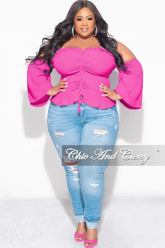 Women's summer topsFinal Sale Plus Size Off the Shoulder Frill Top with Middle Drawstring in Pink