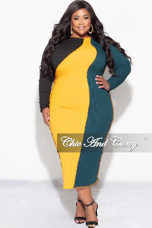 Women's beach topsFinal Sale Plus Size Ribbed BodyCon Colorblock Midi Dress with Outer Seams in Green Mustard and Black