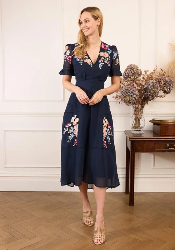 Hope & Ivy Clarice Embroidered Button Front Midi Dress, NavyPrinted Dress