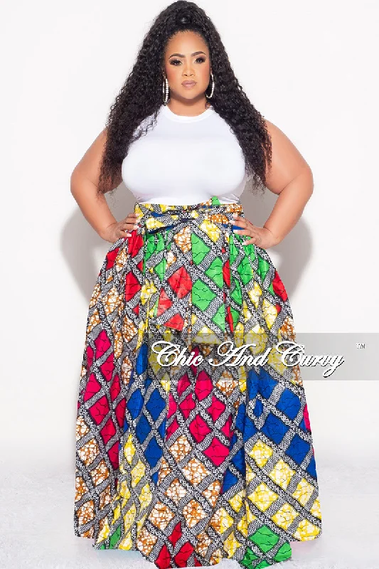 Plus size women's off-the-shoulder topsFinal Sale Plus Size High Waist Maxi Skirt with Tie in Multi Color Diamond Print