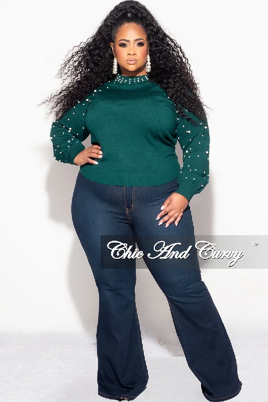 Plus size women's sports topsFinal Sale Plus Size Green Sweater with Pearl Detailed Sleeves