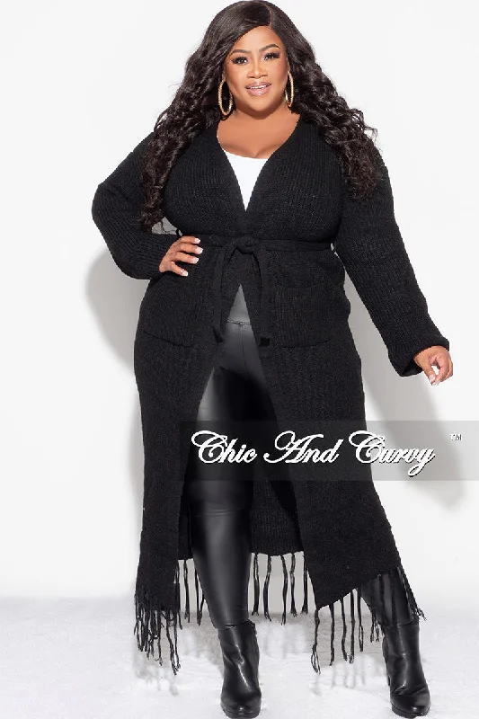 Plus size women's V-neck topsFinal Sale Plus Size Crochet Cardigan with Tie and Fringe Bottom in Black