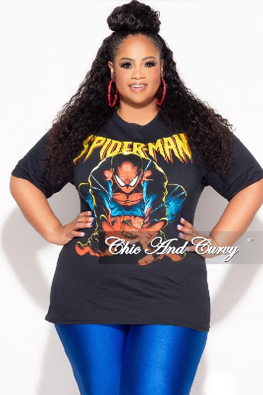 Women's beach topsFinal Sale Plus Size Short Sleeve "Spiderman " Graphic T-Shirt in Black