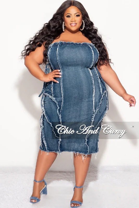 Large women's stretch topsFinal Sale Plus Size Strapless Distressed Dress with Lace Up Sides in Denim