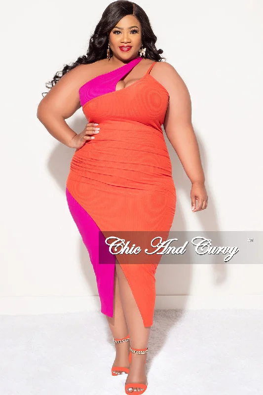 Large women's slim topsFinal Sale Plus Size Sleeveless Double Spaghetti Strap Ribbed BodyCon Dress in Tomato Red & Fuchsia