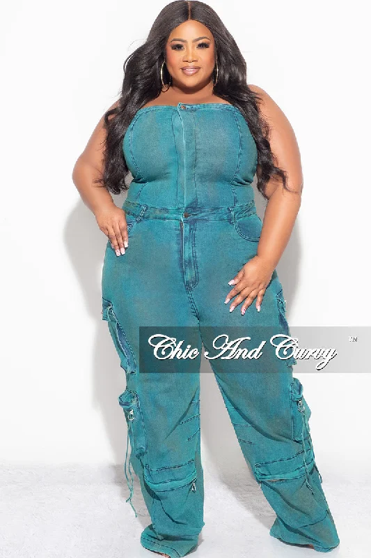 Plus size women's chiffon topsFinal Sale Plus Size Cargo Jumpsuit in Washed Teal