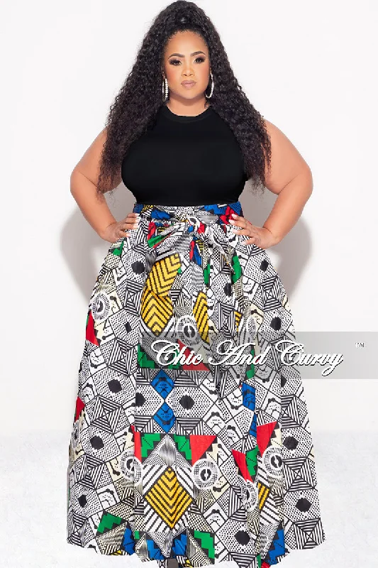 Women's long sleeve topsFinal Sale Plus Size High Waist Maxi Skirt with Tie in White Black Red Green and Royal Blue Design Print