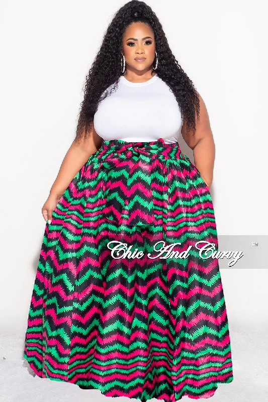 Plus size women's V-neck topsFinal Sale Plus Size High Waist Maxi Skirt with Tie in Fuchsia Green and Navy Zig Zag Print