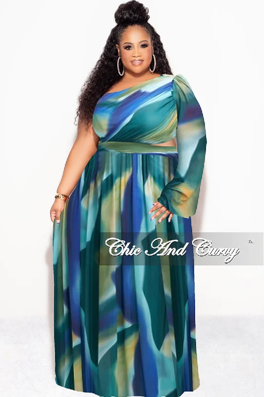 Women's luxury topsFinal Sale Plus Size One Shoulder Sheer Dress with Cutout and Front Slit in Blue Multi Color