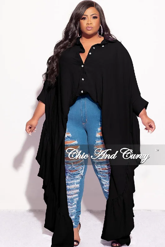 Knitted ShirtFinal Sale Plus Size Collar Button Up Top with Exaggerated Sleeves in Black