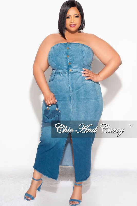 Plus Large women's linen topsFinal Sale Plus Size Color Block Strapless Button Up Dress with Front Slit in Light Denim and Dark Denim