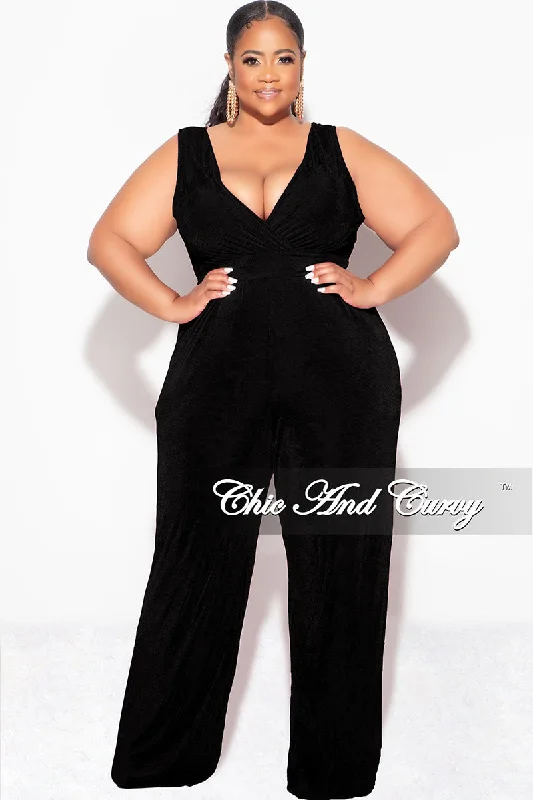 Large women's cropped topsFinal Sale Plus Size Sleeveless Faux Wrap Jumpsuit in Black  Slinky Fabric